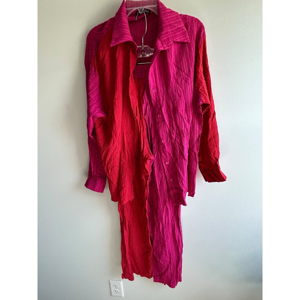 Women's 2 Pc Crinkle Texture Wide Leg Pants Shirt Oversized Color Block - Picture 1 of 8
